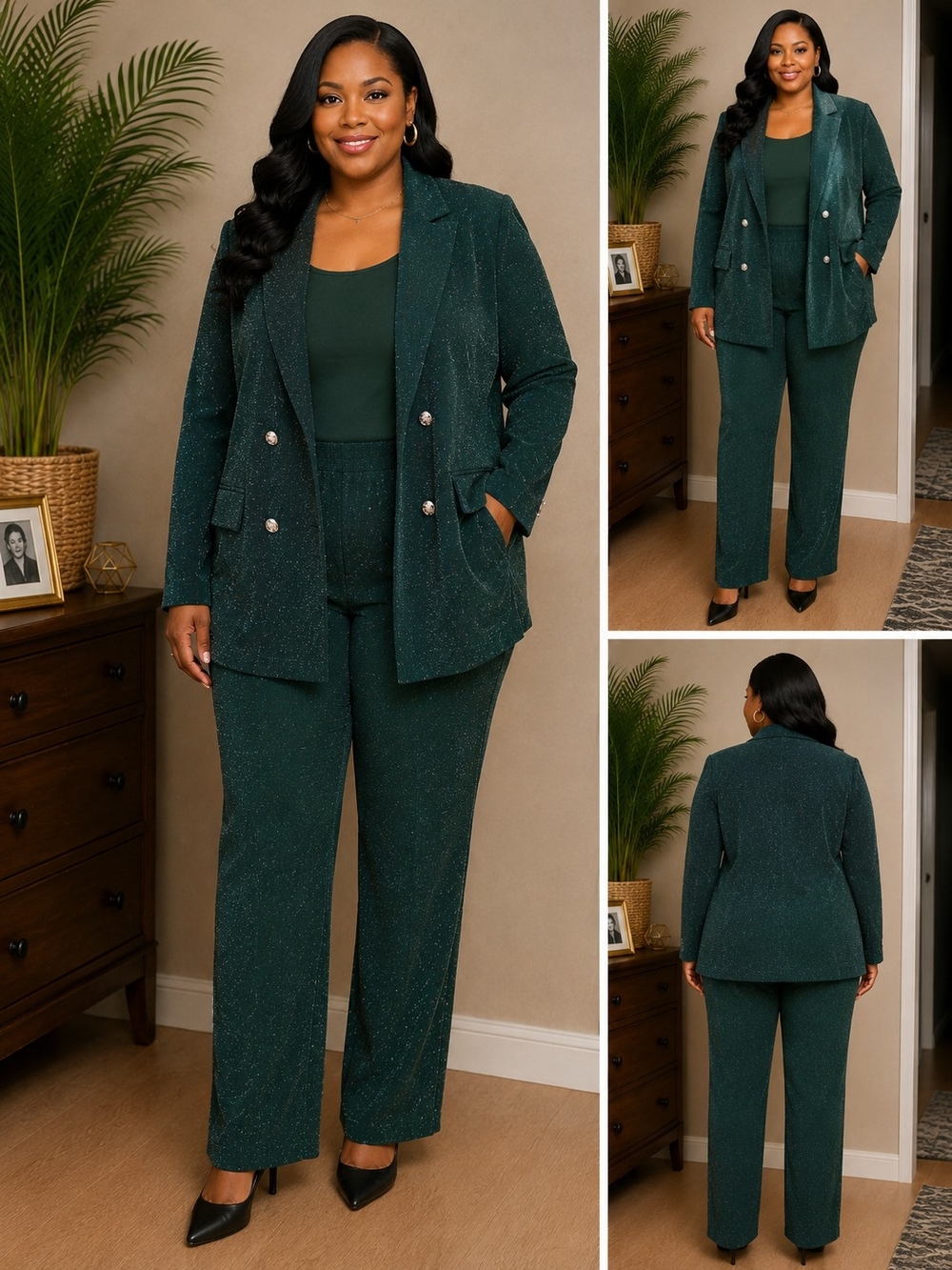Ashley Stewart Emerald Green Sparkle Blazer & Pants Set